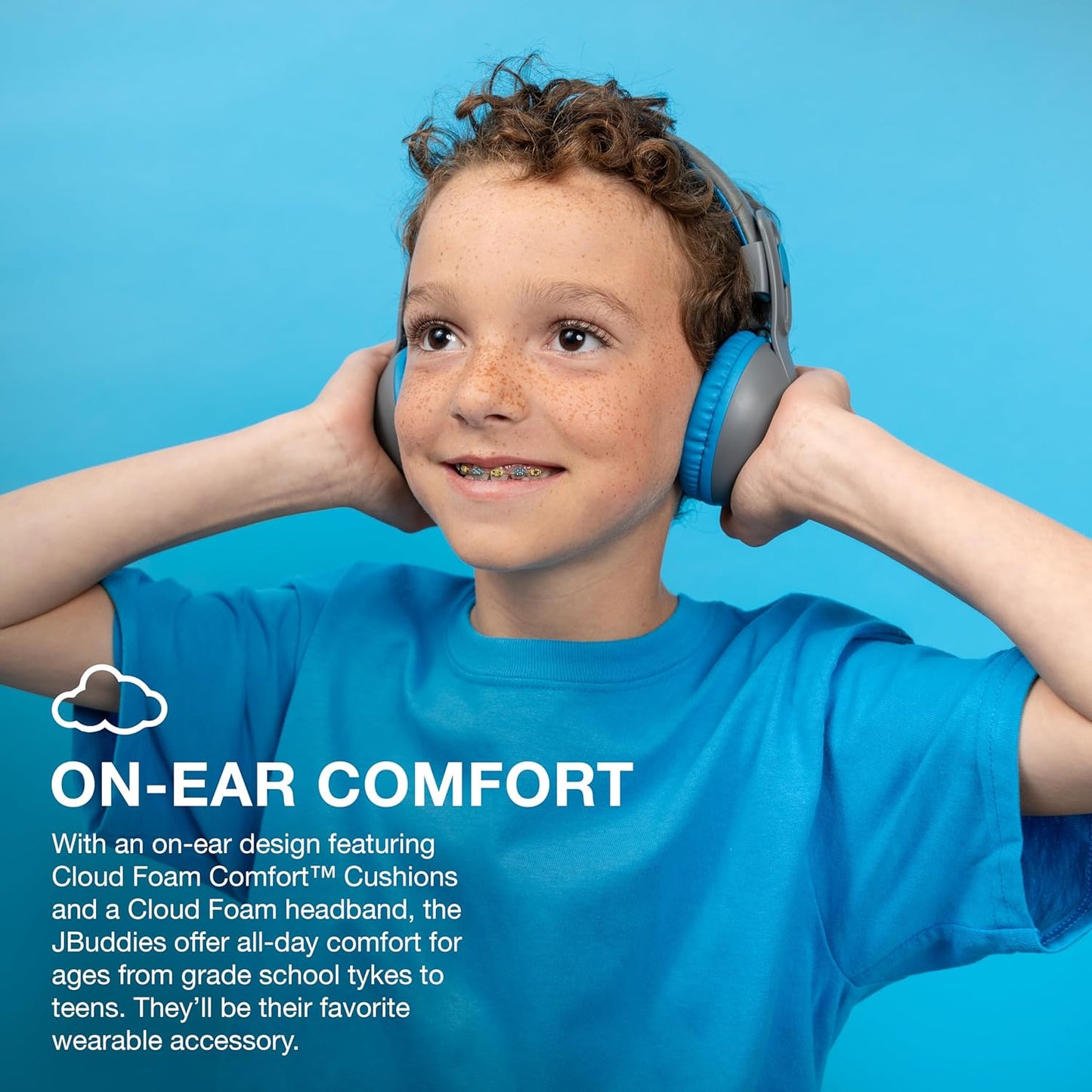 JLab JBuddies Studio 2 Wireless +Wired On-Ear Kids Headphones, Grey/Blue, 65+ Hour Battery Life, Share Mode, Volume Safe, Volume Limiter, Folding, Adjustable, Noise Isolation, with Mic