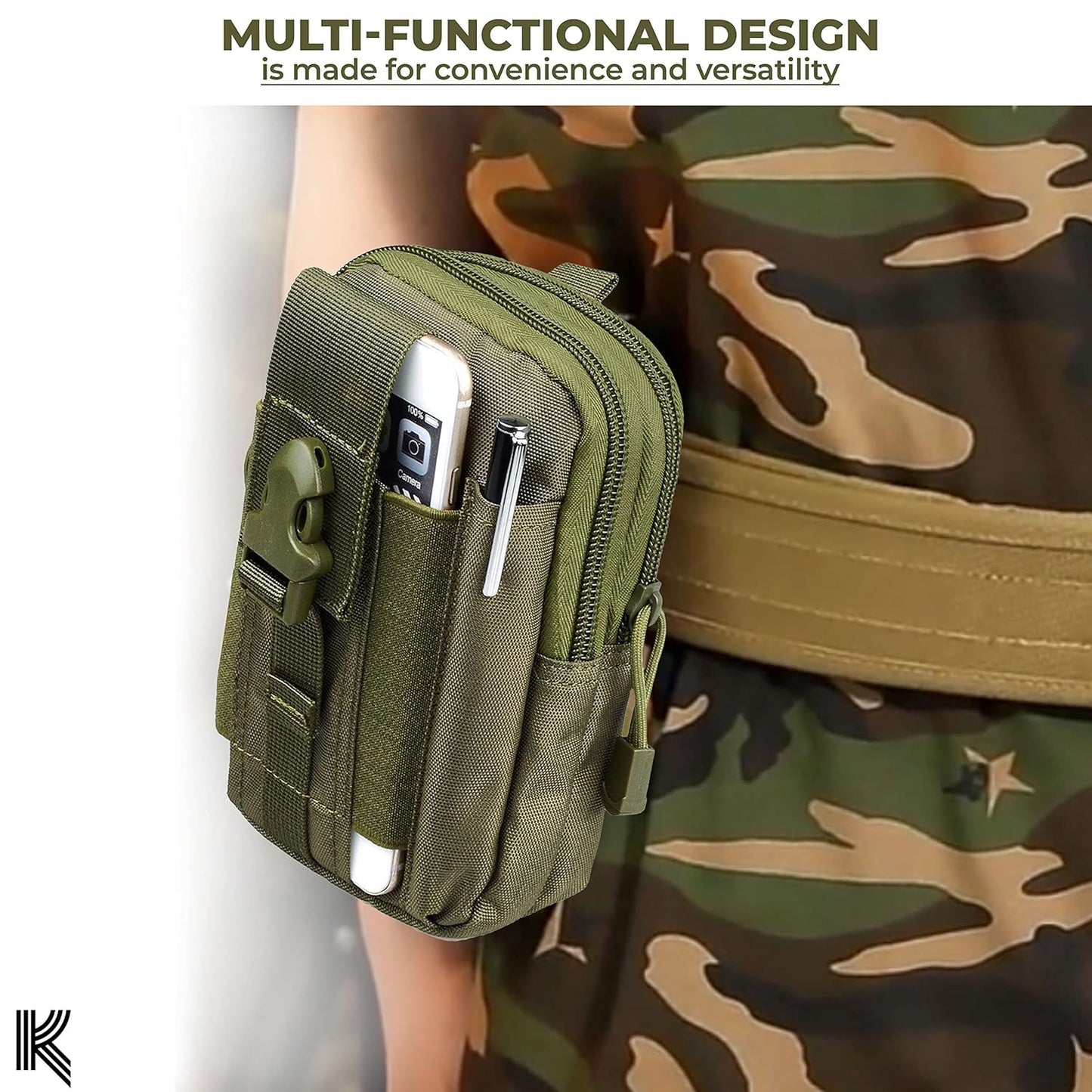 Kraptick Multi-Purpose Water Resistant Waist Bag with Dual Compartment, Waist Bag Mobile Phone Holder, Waist Pack for Men, Women Camping Hiking Pouch (Army Green)