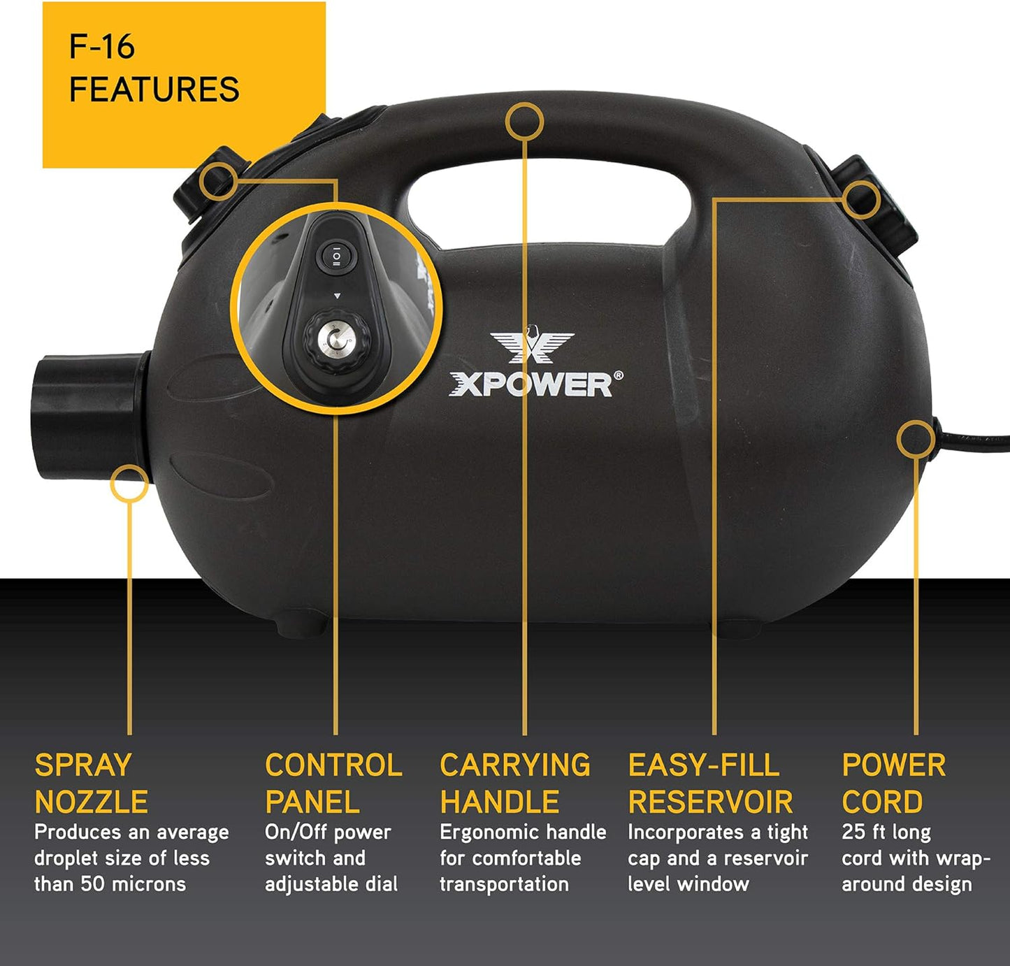 XPOWER F-16 ULV Cold Fogger, Mist Blower, and Sprayer for Cleaning, Disinfecting, Pest Control, Odor Elimination, and Mold Removal, 30+ Ft. Spray Distance, 1.6 L Tank Capacity, 2 Speeds
