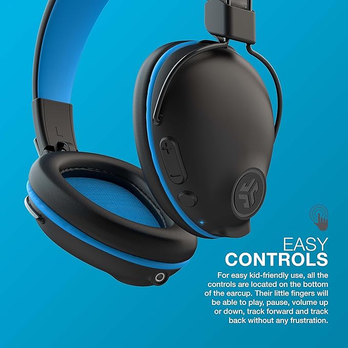 JLab JBuddies Pro Wireless Over-Ear Kids 2 in 1 Headphones Wireless+Wired | 35+ Hour Battery Life | Built-in Volume Regulators for Safety | Share Mode | Folding | Adjustable | Noise Isolation | with Mic | Blue
