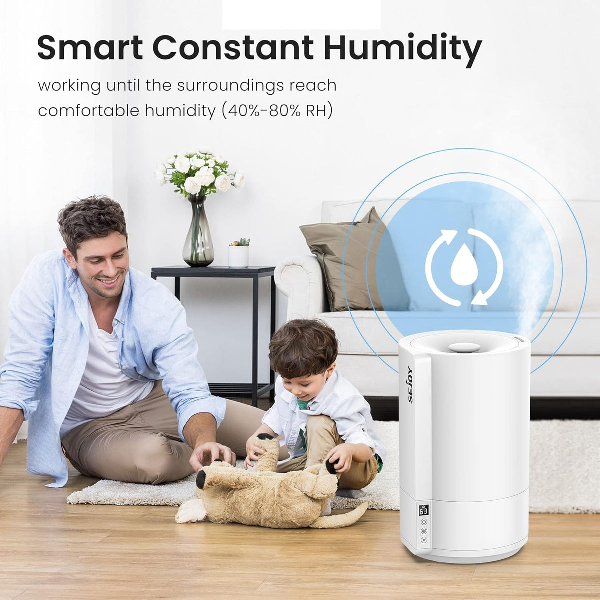 Sejoy Humidifiers for Bedroom Large Room, Cool Mist Humidifiers Quiet, Ultrasonic Air Humidifier for Baby Plant, 4L Top Fill, Smart Constant Humidity, Water Shortage Protection, 7-Color 3-Speed