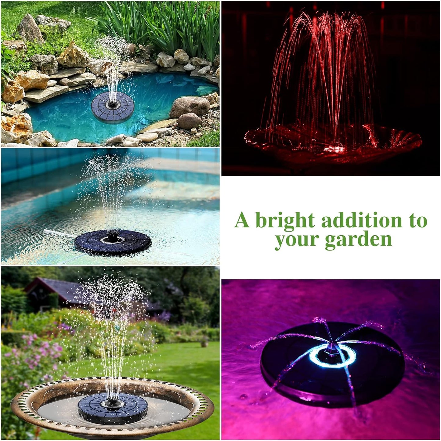 نافورة شمسية AISITIN 5.5 واط مع أضواء LED ملونة وبطارية 2000 مللي أمبير في الساعة، نافورة حمام الطيور الشمسية مع 7 فوهات وقوس، مضخة نافورة مياه تعمل بالطاقة الشمسية لحمام الطيور والحديقة والبركة وحوض السمك والأماكن الخارجية