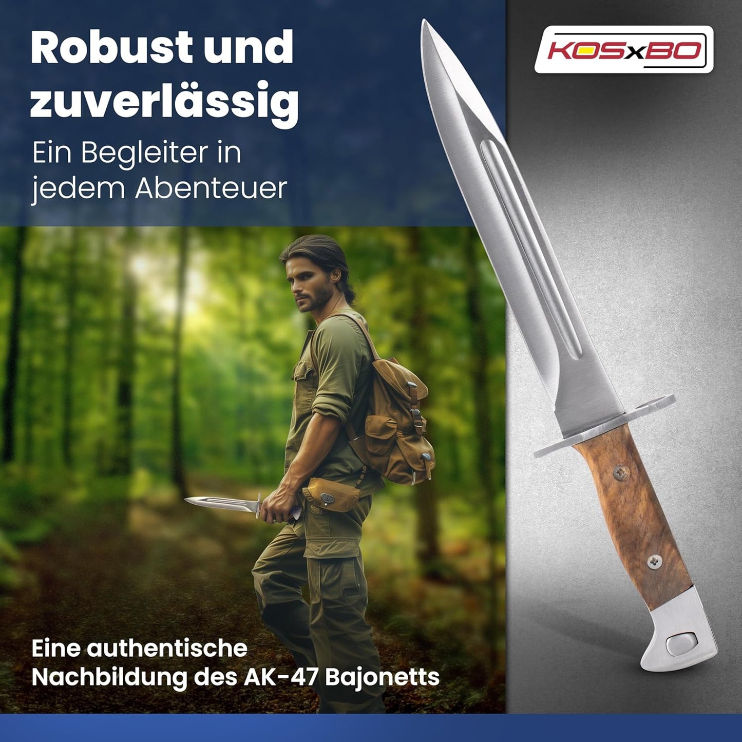 سكين حربة KOSxBO® AK USSR 47 مع جراب جلدي بطول 31 سم سكين اعتراض AK للصيد وصيد الأسماك