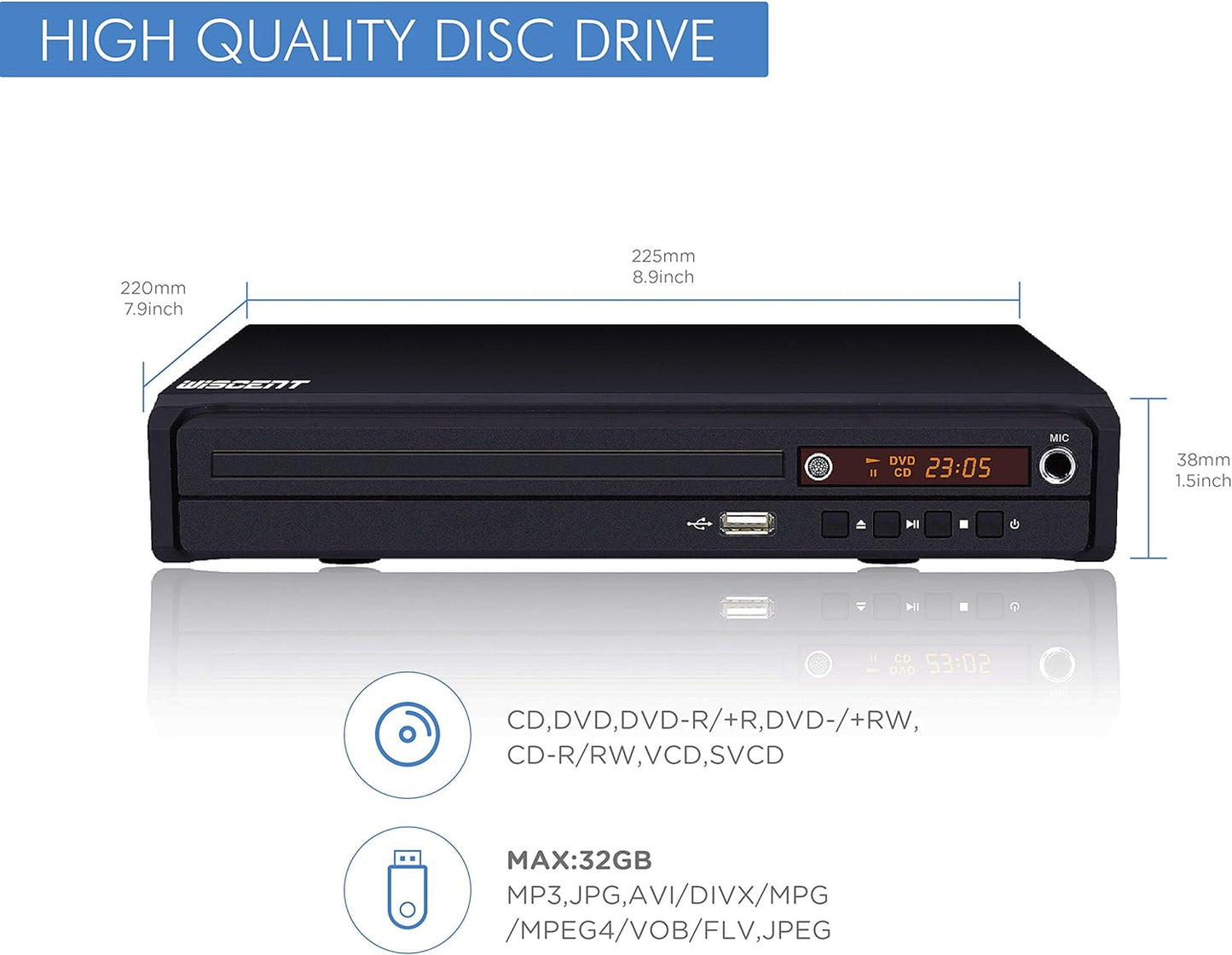 WISCENT DVD Player for Smart TV Support 1080P Full HD with HDMI Output,CD/MP3/USB Player for Home, All Region-Free, Remote Control/AV/HDMI Cable Included(non blueray)