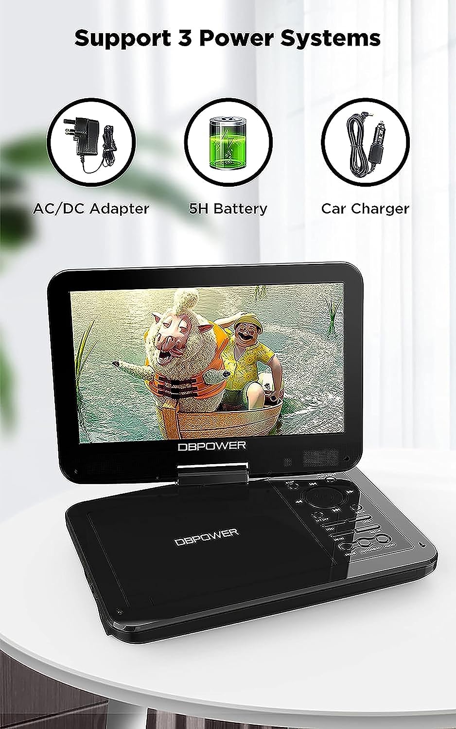 DBPOWER 12.5" Portable DVD Player with 10.5" Swivel Screen Car Built-in 5 Hours Rechargeable Battery, Supports All-Region, Earphone/SD Card/USB/AV-in/AV-out, Direct Play in Formats AVI/RMVB/MP3/JPEG