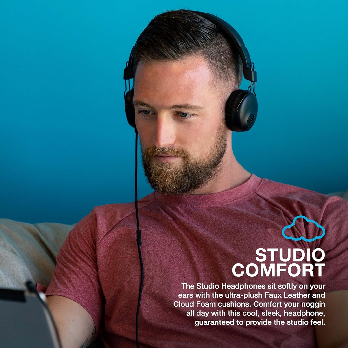 JLab Studio Wired On-Ear Headphones, Black, Tangle Free Cord, Ultra-Plush Faux Leather with Cloud Foam Cushions, 40mm Neodymium Drivers with C3 Sound