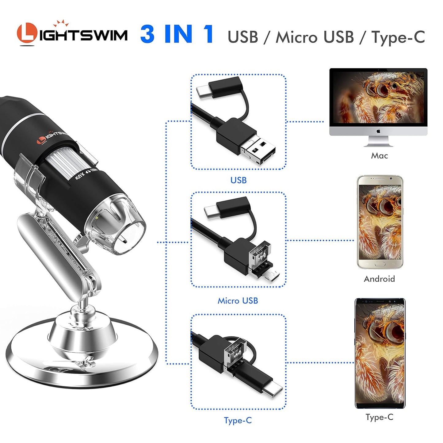 USB Digital Microscope, Lightswim 50x and1000x Mini Pocket Handheld Magnification with HD 1080P 2MP Camera, with 8 LED lights for Smartphone/Tablet/PC (Getting Start up Level, NOT iPhone/iPad, Black)