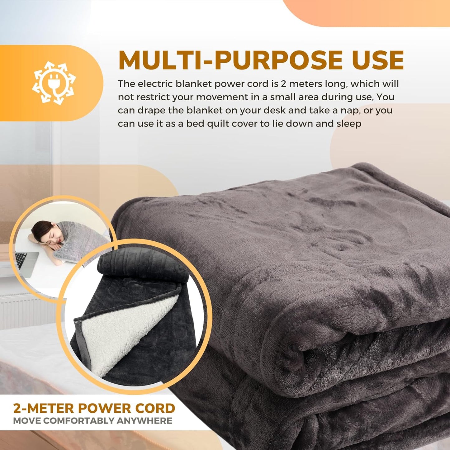 Electric Blanket 150x180cm Heated Throw Blanket with 6 Heat Levels & Up to 9 Hours Timer Flannel Sherpa Fast Heating | Machine Washable Comes with Lap Blanket | Double to King | Grey