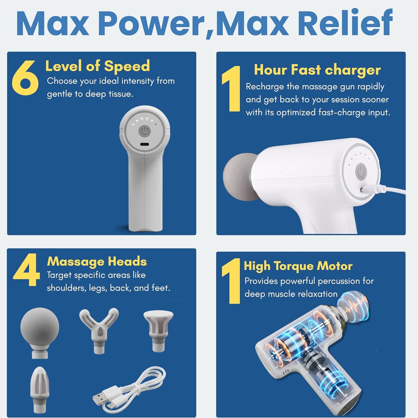 Massage Gun Deep Tissue, Muscle & Body Pain Relief | Special Body Massager for Pain Relief | Massage Gun for Back Leg & Full Body, Neck, Shoulder, Back, Foot | 4 Specialized Heads For Full Body Pain Relief