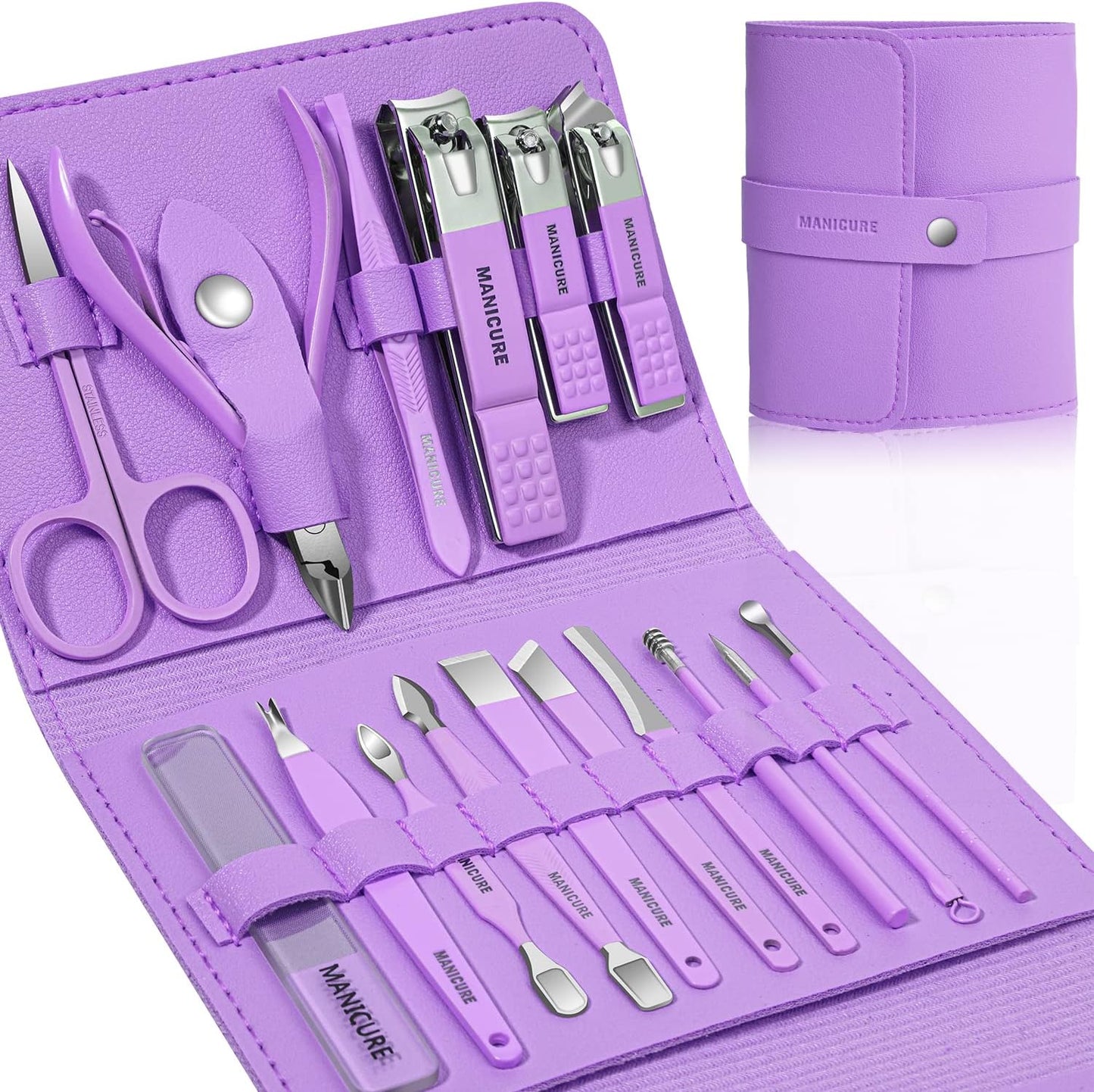 Leipple Manicure Set Professional Nail Clippers Pedicure Kit, 16 pcs Stainless Steel Nail Care Tools Grooming Kit with Luxurious Travel Leather Case for Thick Nails Men Women Gift (Violet)