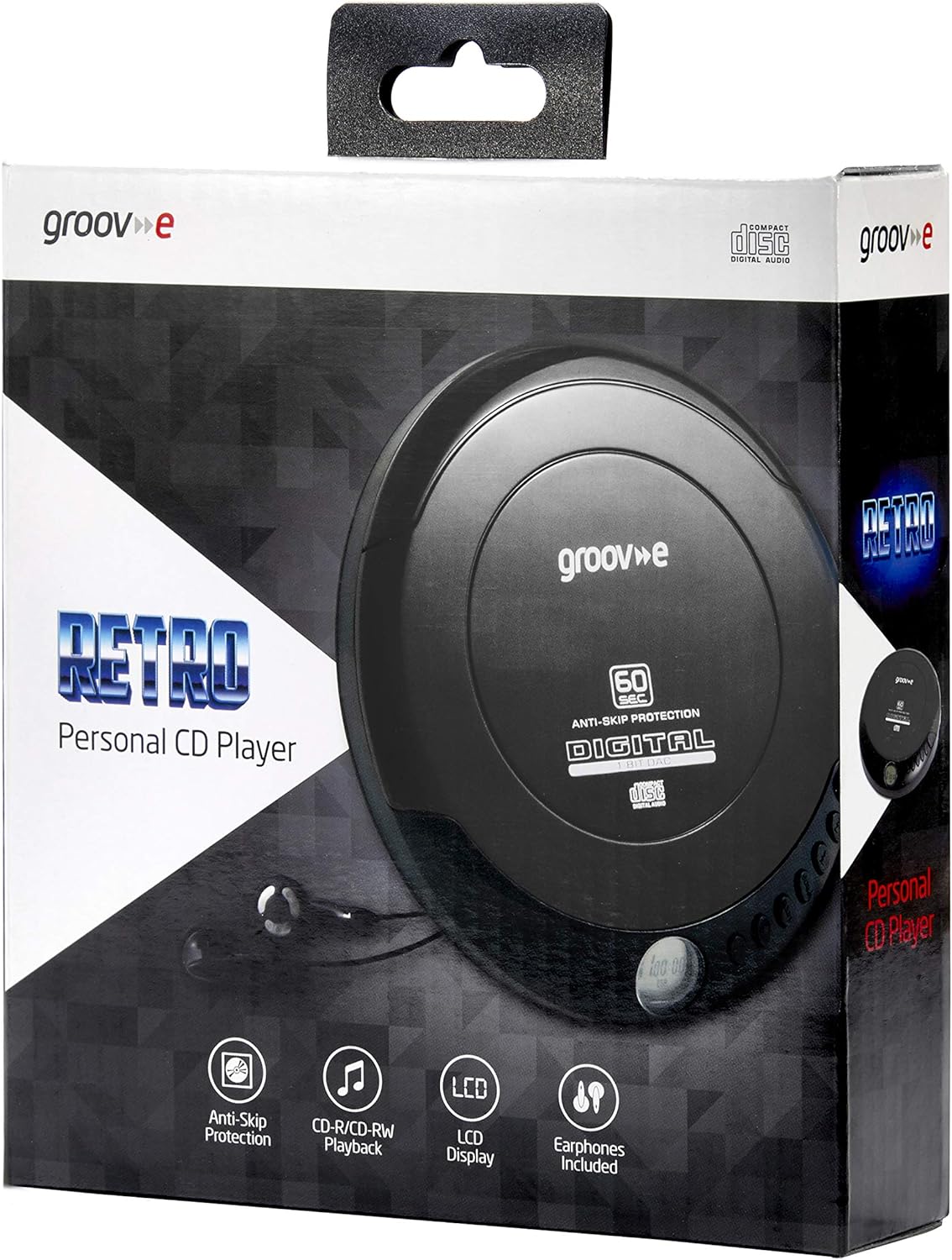 Groov-e RETRO Compact CD Player - Personal Music Player with CD-R & CD-RW Playback - Anti-Skip Protection, Programmable Tracks - Earphones Included - Micro-USB or Battery Powered - Black