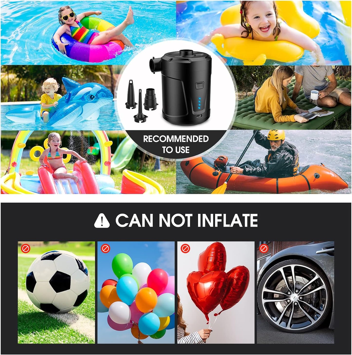 SUPPOU Electric Air Pump, 5200mAh Portable Air Pump with Fast Inflating/Deflating, Rechargeable Electric Pump with 4 Nozzles for Kids Paddling Pool, Swimming Pool, Airbed, Inflatable Boat