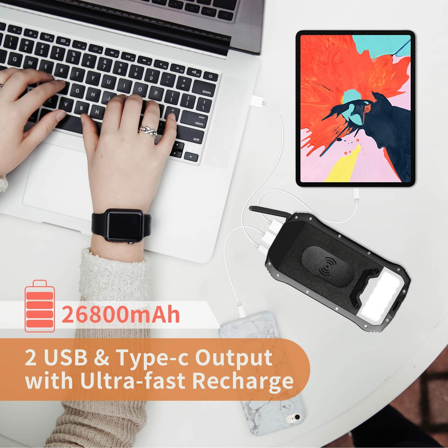 Solar Charger, Power Bank, 26800mAh QC 3.1A Fast Charger 4 Outputs Type C Wireless Charghing Portable Phone LED Display Waterproof Battery Bank for iPhone Android Tablet Camping black i26w