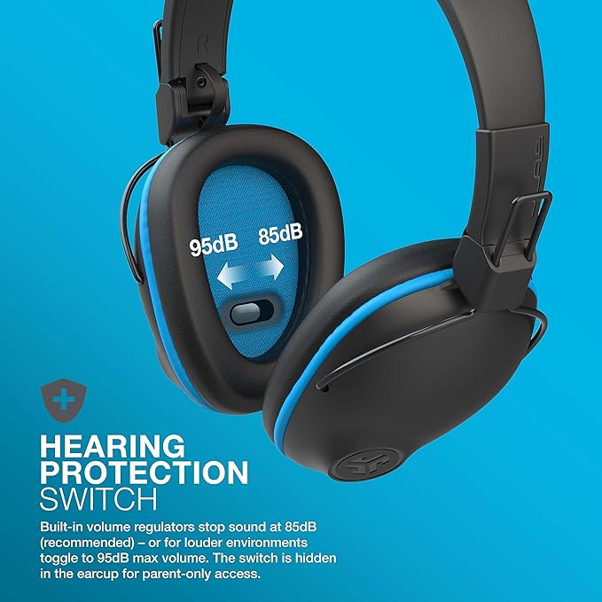 JLab JBuddies Pro Wireless Over-Ear Kids 2 in 1 Headphones Wireless+Wired | 35+ Hour Battery Life | Built-in Volume Regulators for Safety | Share Mode | Folding | Adjustable | Noise Isolation | with Mic | Blue