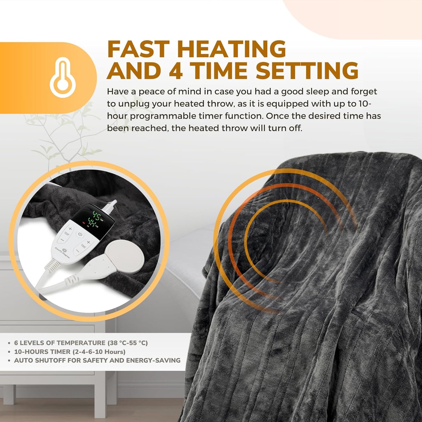 Electric Blanket 150x180cm Heated Throw Blanket with 6 Heat Levels & Up to 9 Hours Timer Flannel Sherpa Fast Heating | Machine Washable Comes with Lap Blanket | Double to King | Grey