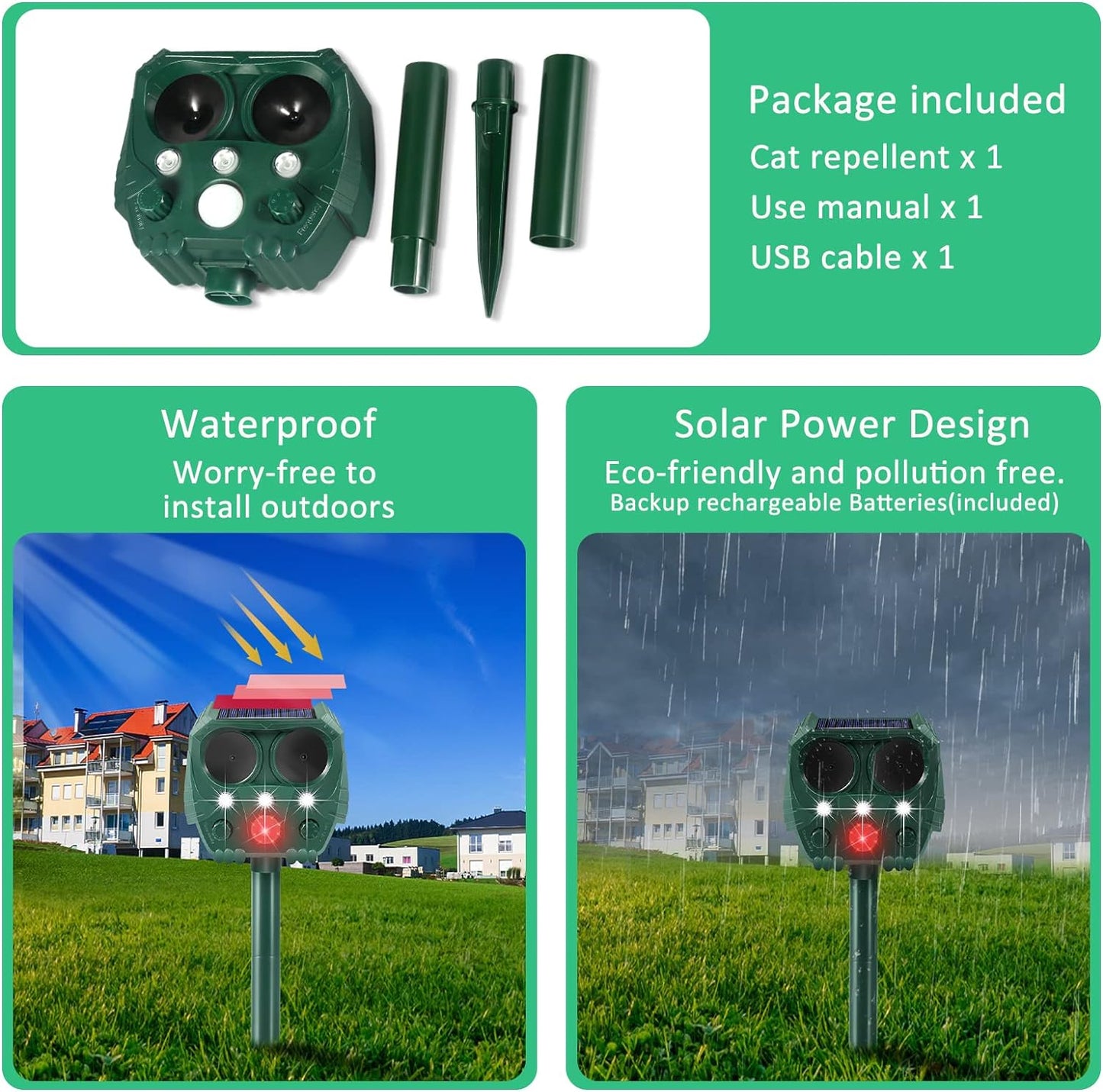 Cat Repellent, Garden Cat Repellent Cat Deterrents, Ultrasonic Animal Repellent, USB & Solar Powered Waterproof, Outdoor Animal Repeller Motion Sensor for Squirrels Cats Dogs Rats
