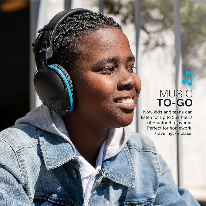 JLab JBuddies Pro Wireless Over-Ear Kids 2 in 1 Headphones Wireless+Wired | 35+ Hour Battery Life | Built-in Volume Regulators for Safety | Share Mode | Folding | Adjustable | Noise Isolation | with Mic | Blue