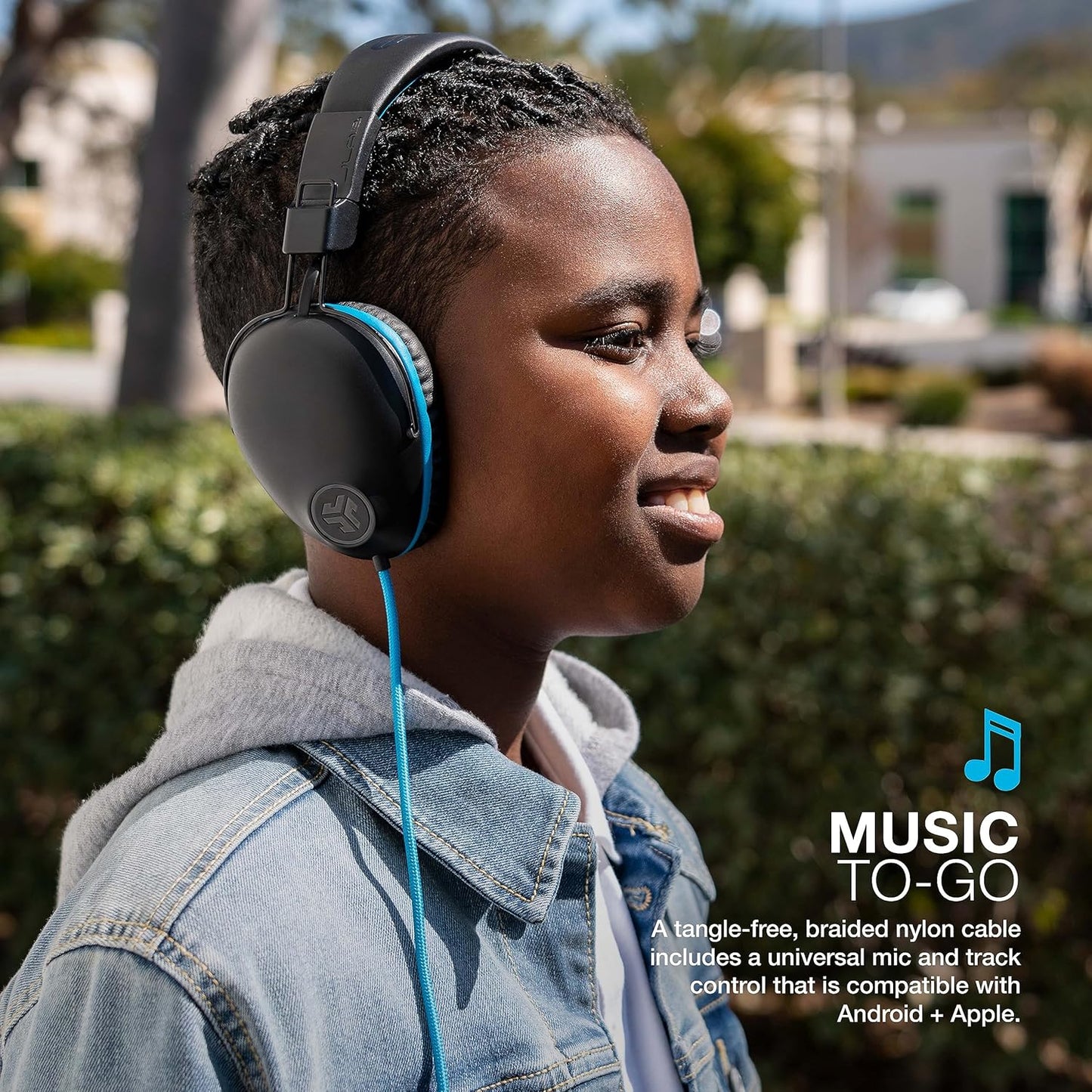 JLab JBuddies Pro Wired Over-Ear Kids Headphones, Built-in Volume Regulators for Safety, Folding, Adjustable, Noise Isolation, with Mic, Blue