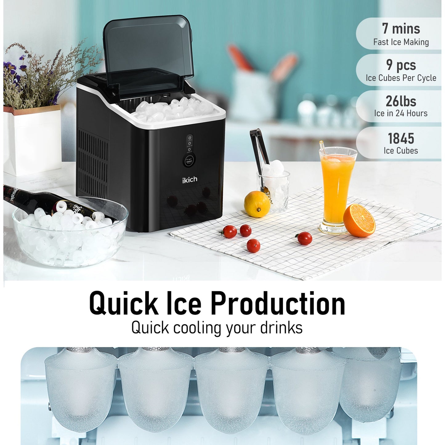 Ikich Portable Countertop Ice Maker with Self-Cleaning/LED Display/Scoop Basket, 26Lbs in 24 hours, 9 Ice Cubes Ready in 7 Mins, Including Scoop and Removable Basket, Perfect for Home/Bar/RV/Party