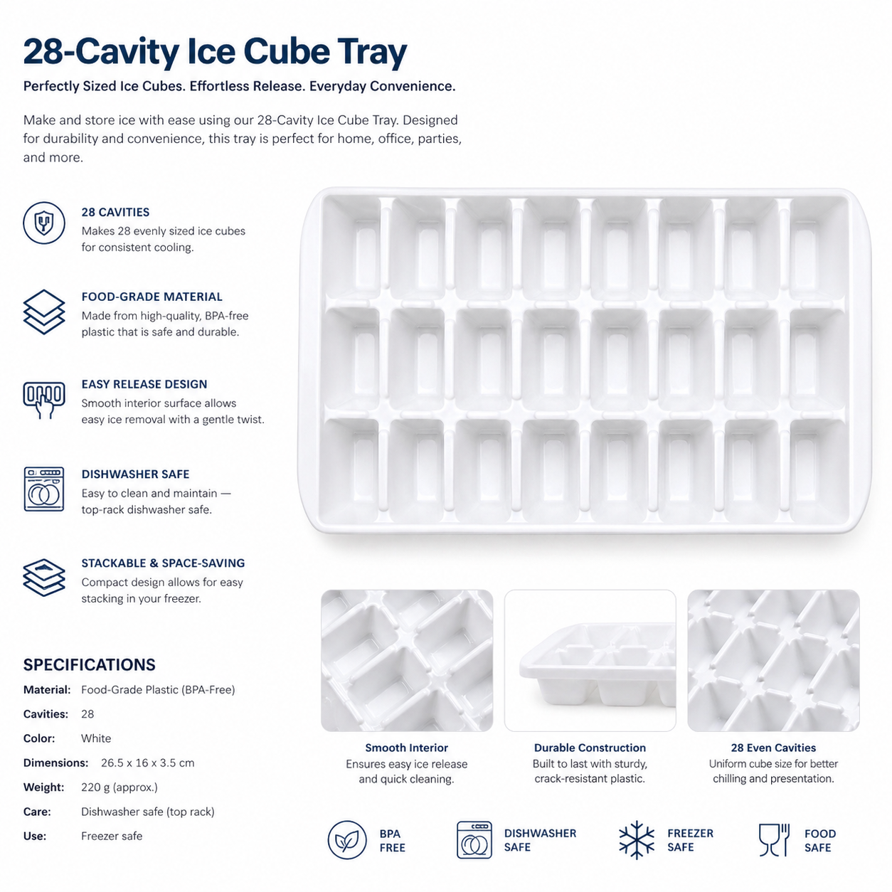 Ice cube tray 24 cube Easy To Release Ice Trays, Ice Mould, Large Ice Cubes Maker, Single Rope Handle Design Home Shop