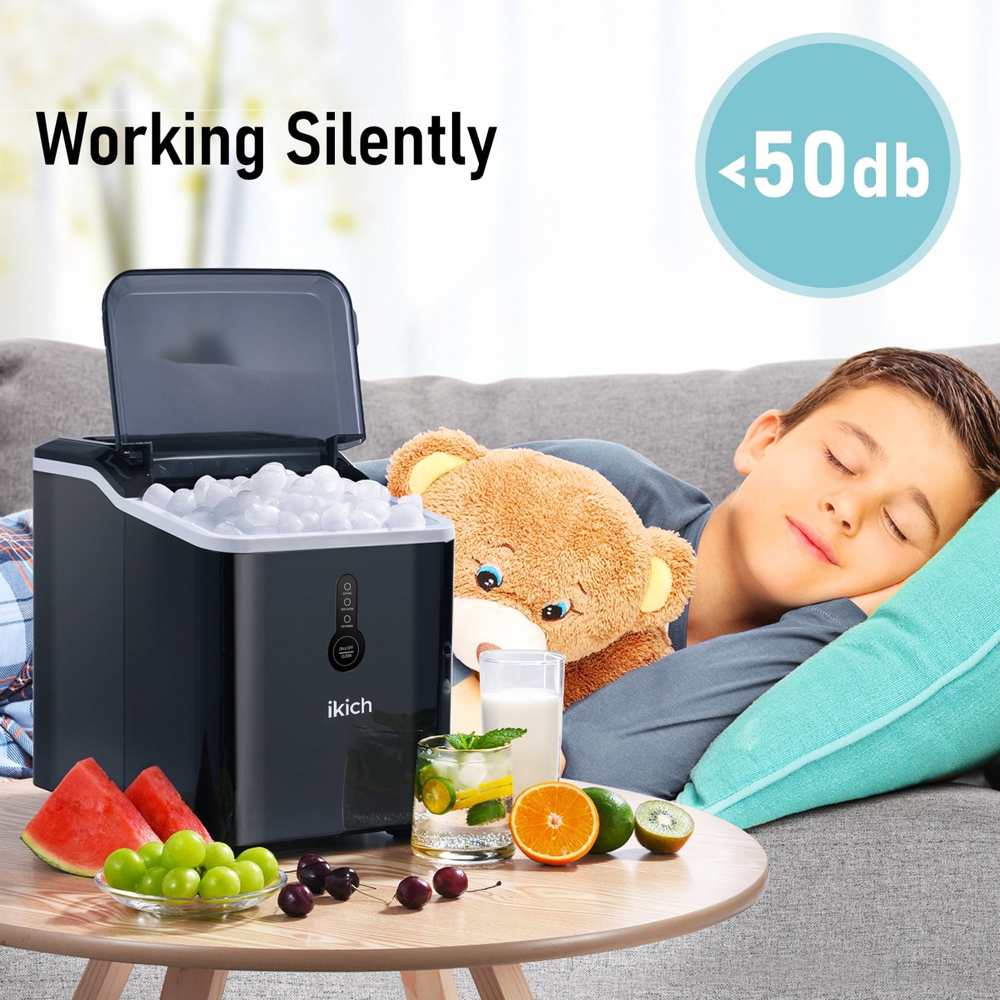 Ikich Portable Countertop Ice Maker with Self-Cleaning/LED Display/Scoop Basket, 26Lbs in 24 hours, 9 Ice Cubes Ready in 7 Mins, Including Scoop and Removable Basket, Perfect for Home/Bar/RV/Party