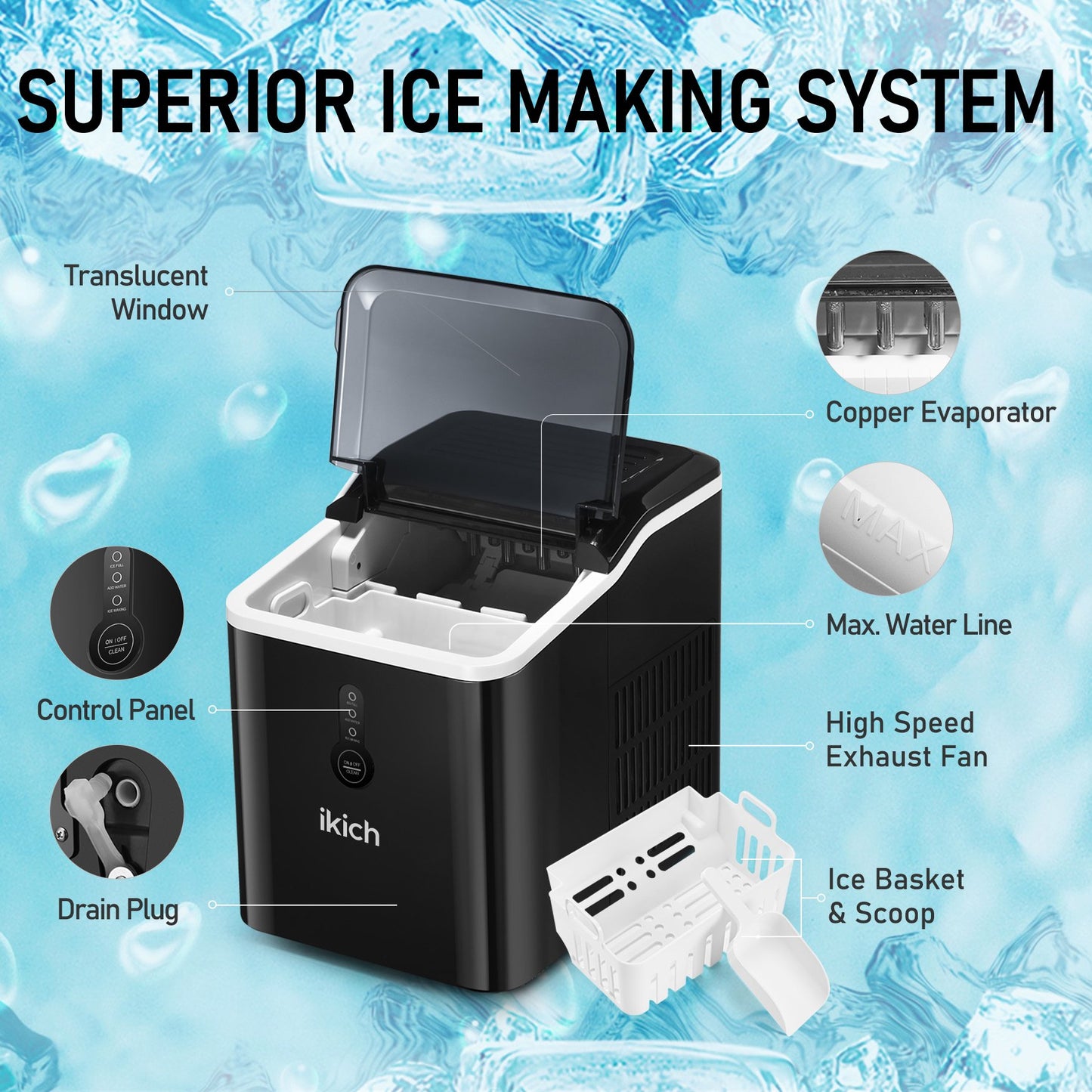 Ikich Portable Countertop Ice Maker with Self-Cleaning/LED Display/Scoop Basket, 26Lbs in 24 hours, 9 Ice Cubes Ready in 7 Mins, Including Scoop and Removable Basket, Perfect for Home/Bar/RV/Party