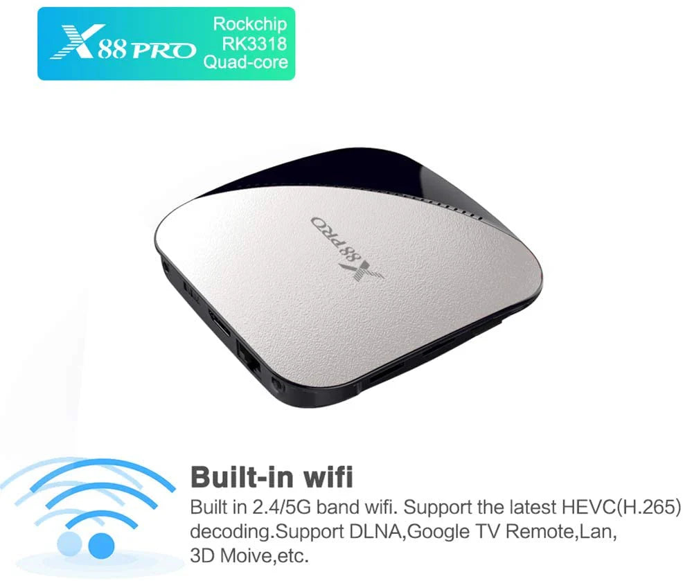 صندوق تلفزيون X88 PRO بذاكرة وصول عشوائي 2 جيجابايت وذاكرة قراءة فقط 16 جيجابايت ومعالج RK3318 رباعي النواة 64 بت ونظام تشغيل أندرويد 9.0 ومعالج Cortex-A53 ثنائي واي فاي بتردد 2.4 جيجاهرتز/5 جيجاهرتز ومشغل وسائط فيديو ثلاثي الأبعاد بدقة 4K