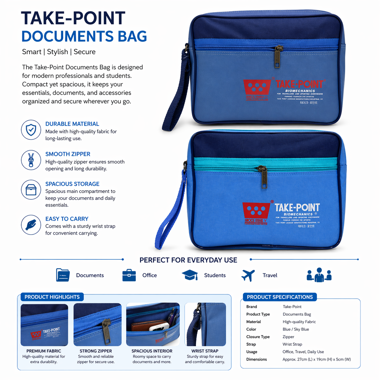 Take-Point Biomechanics Premium Documents Organizer Bag with Zipper & Wrist Strap – Durable Fabric, Compact & Spacious for Office, Travel & Students