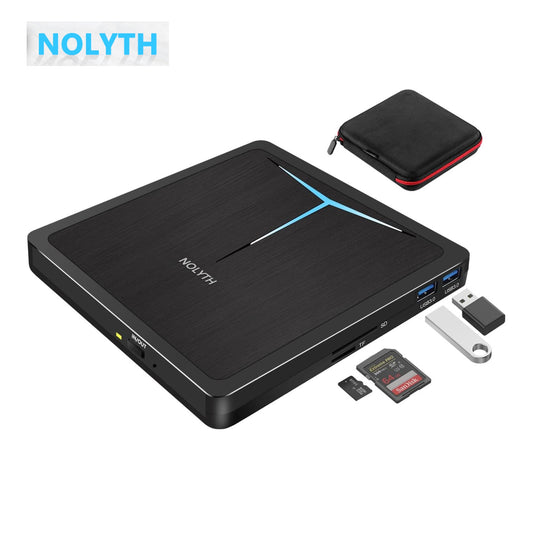 محرك أقراص DVD/CD+/-RW خارجي من NOLYTH بمنفذ USB 3.0 من النوع C مع منفذ USB وفتحة SD TF، محركات أقراص DVD بصرية محمولة لأجهزة الكمبيوتر المحمولة وأجهزة الكمبيوتر الشخصية التي تعمل بنظامي التشغيل Windows 11 و10 وMac MacBook وApple iMac