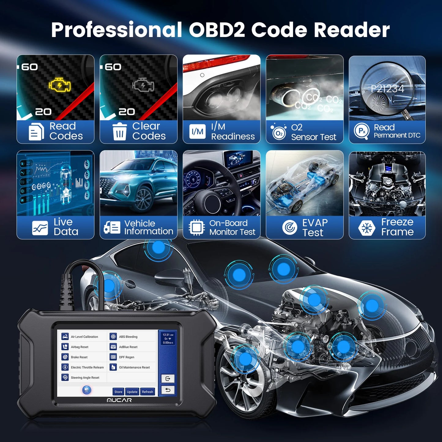 MUCAR CS90 OBD2 Scanner Diagnostic Tool with 28+ Reset Service, Engine Powertrain Car Scanner, ABS Code Reader, SRS Scan Tool for Cars, Auto VIN, Lifetime Free Update