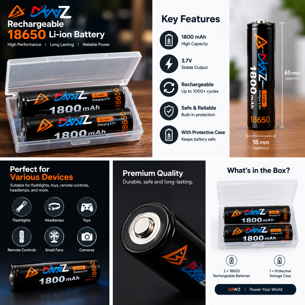 NWZ 18650 Rechargeable Li-Ion Battery – 1800mAh 3.7V High Capacity Lithium Battery for Flashlight, Torch, Power Bank & Electronics