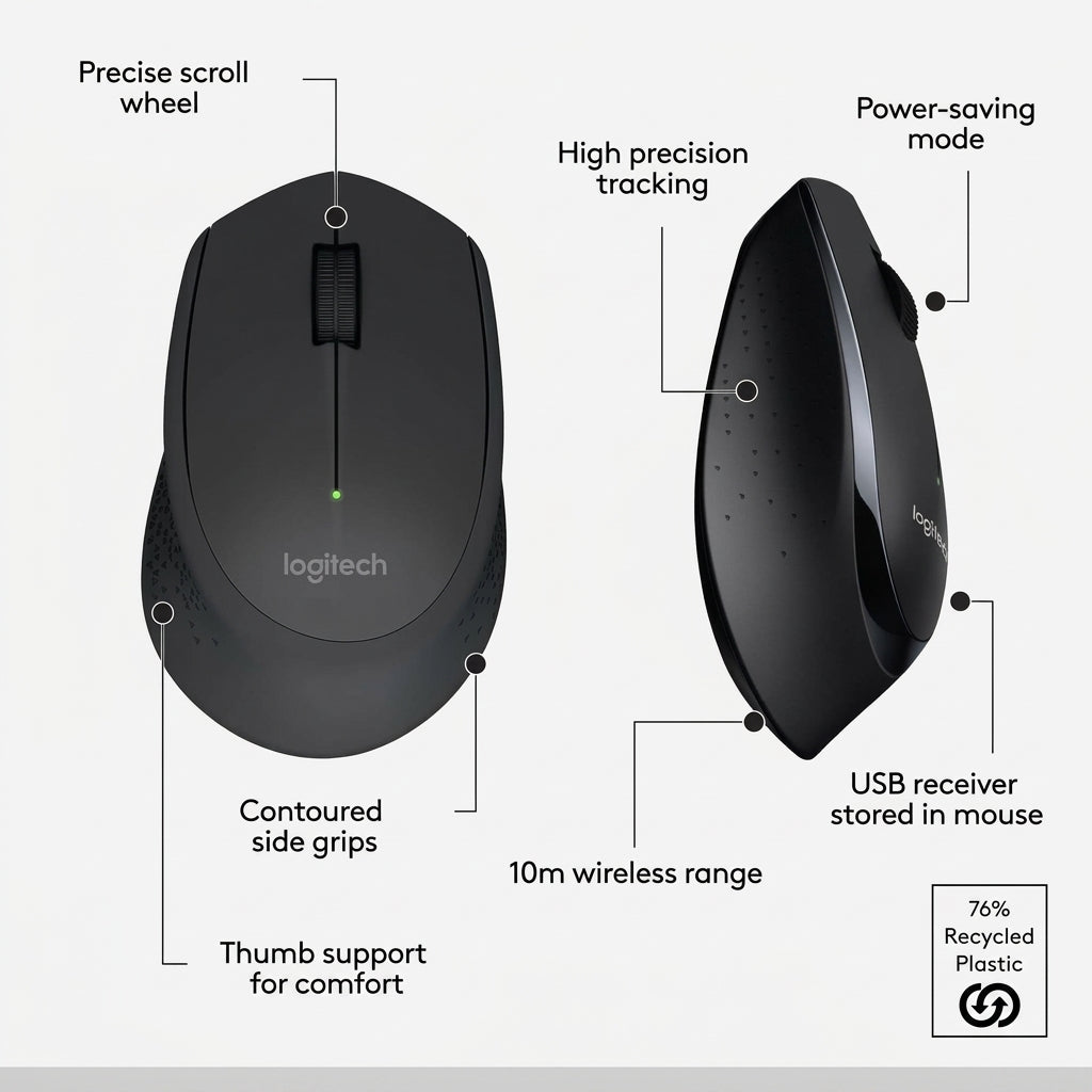 Logitech MK345 Full Size Wireless Keyboard and Mouse Combo - Black Full size keyboard with integrated palm rest, compact right handed mouse, connect via single included USB-A Nano Receiver