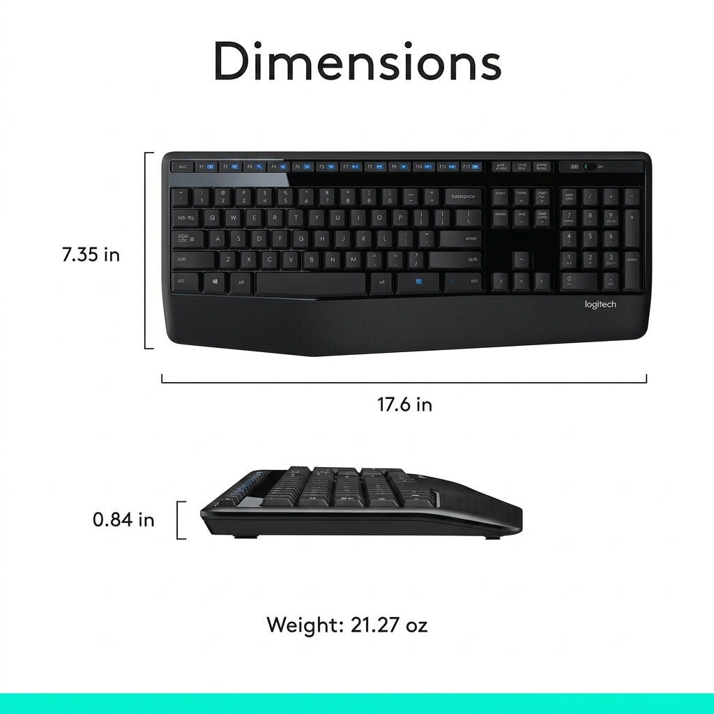 Logitech MK345 Full Size Wireless Keyboard and Mouse Combo - Black Full size keyboard with integrated palm rest, compact right handed mouse, connect via single included USB-A Nano Receiver