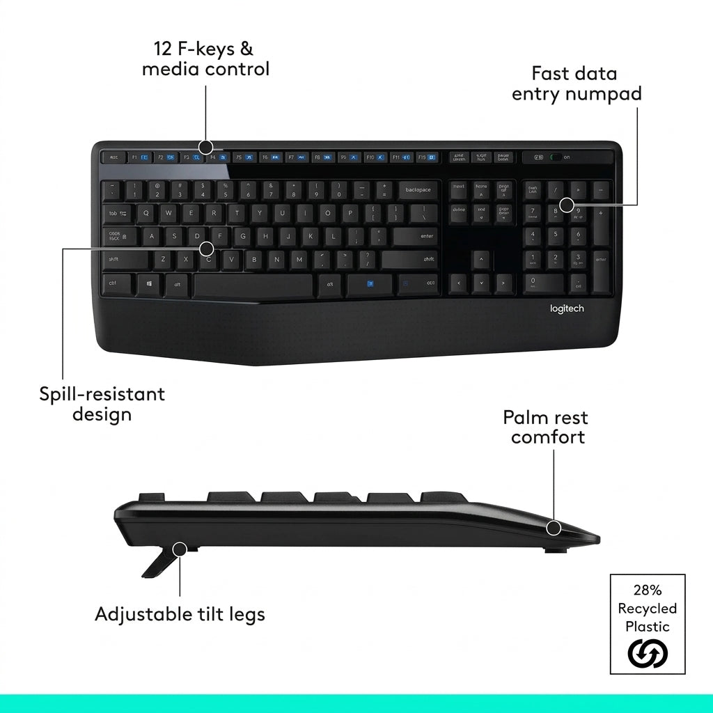 Logitech MK345 Full Size Wireless Keyboard and Mouse Combo - Black Full size keyboard with integrated palm rest, compact right handed mouse, connect via single included USB-A Nano Receiver