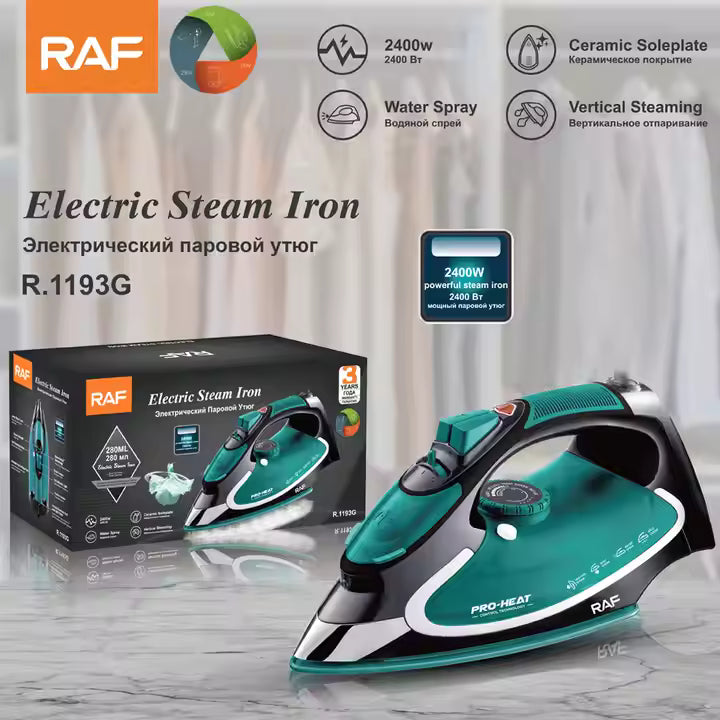 RAF Electric Steam Iron, Ceramic Coated Plate Flat Iron Home Appliances 2400W, R.1193G