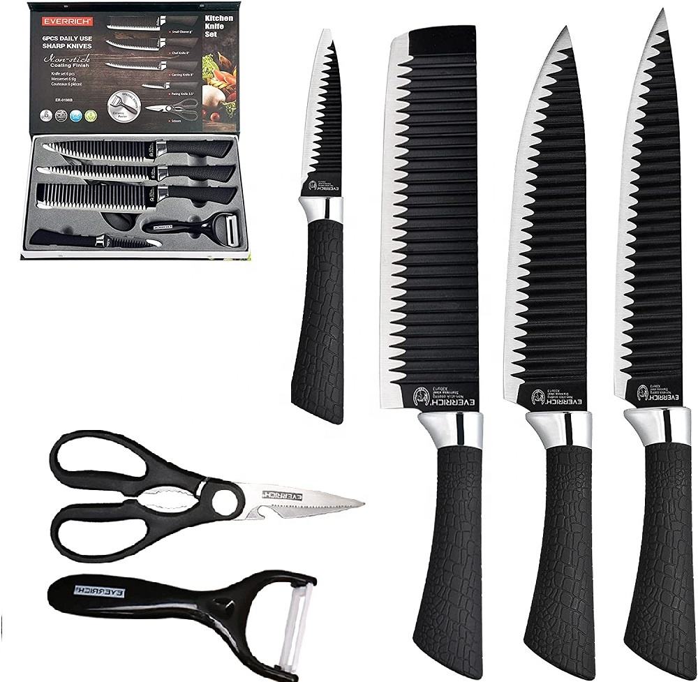 EVERIERH 6 Pieces Black Knife Set, Stainless Steel and Non-Stick Blades, Including Peeler and Scissor, Kitchen Cutlery Knives Set, Cooking Utensil Sets, Daily Use with Gift Box