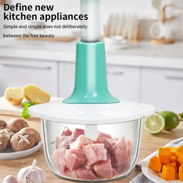 Food Chopper - 6 in 1 Manual Food Chopper Quick Press - 2L Large Vegetable Chopper - Perfect for Onion, Baby Food, Spices, Garlic, Fruits, Nuts and Meat Chops - 4 Blades