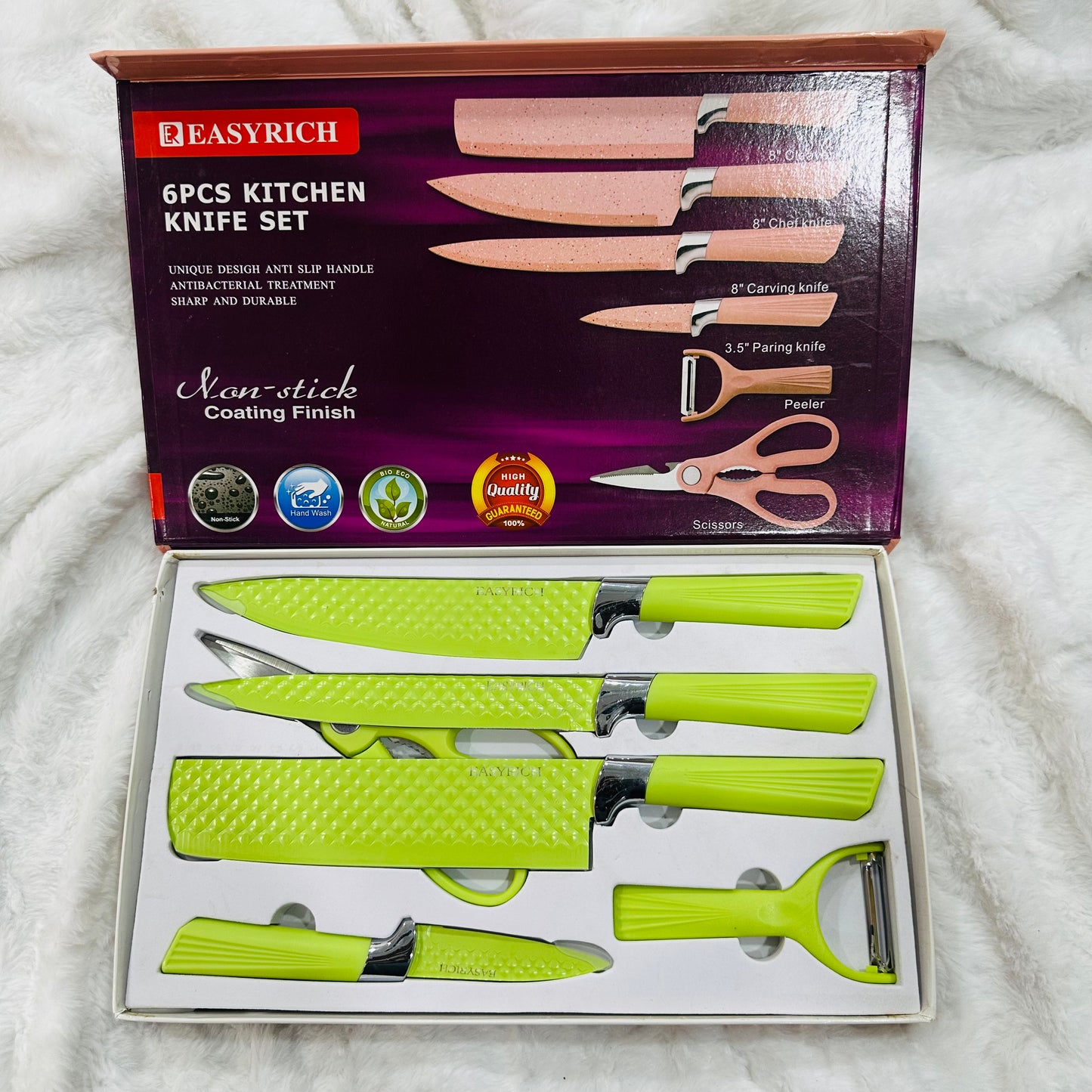 6 Piece Kitchen Knife Set, Stainless Steel, Non-Stick Coated, Colorful Chef Knives for Cutting, Slicing, Dicing, Chopping