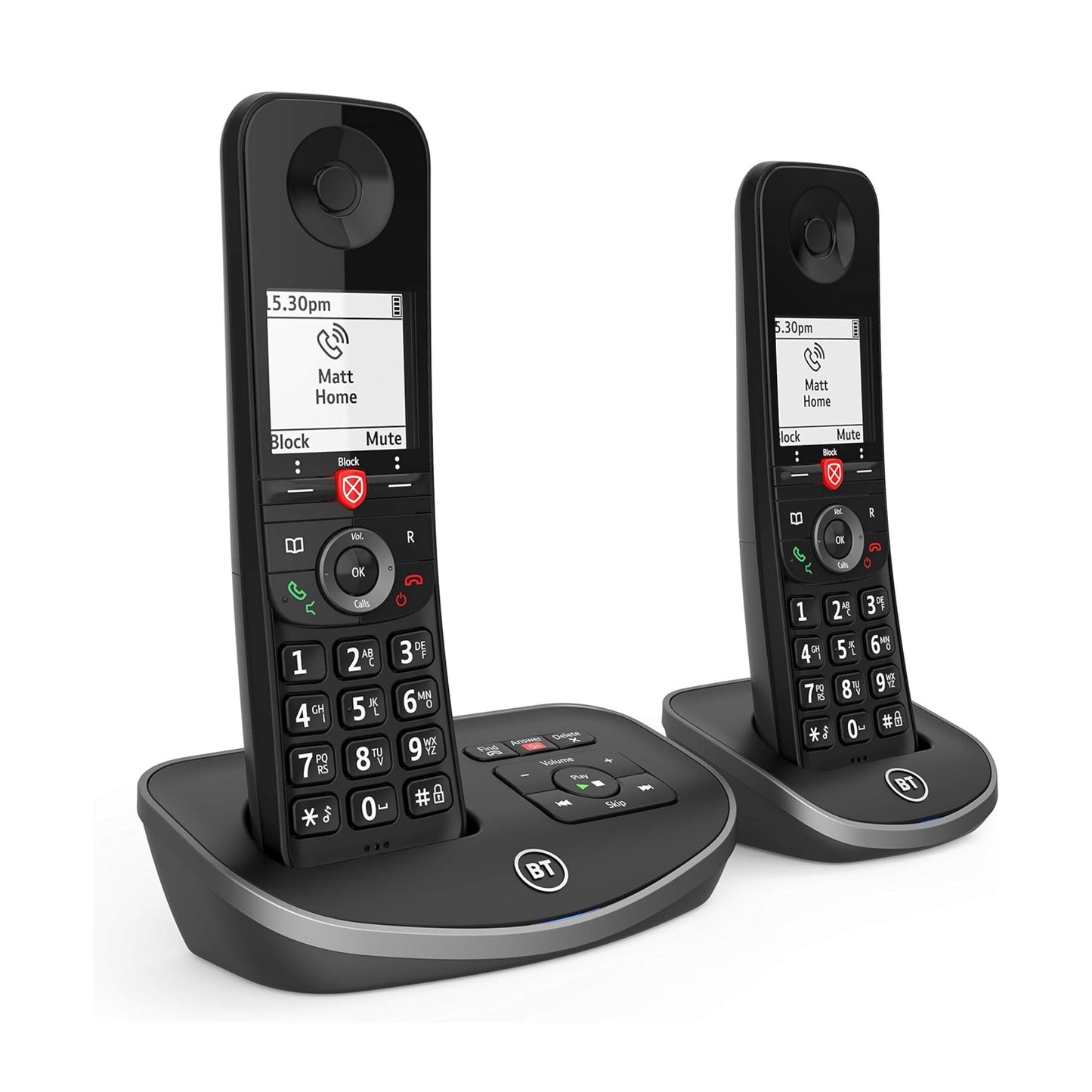 هاتف أرضي لاسلكي متطور من بي تي مع خاصية حظر المكالمات المزعجة بنسبة 100%، وجهاز رد آلي رقمي، وسماعة مزدوجة