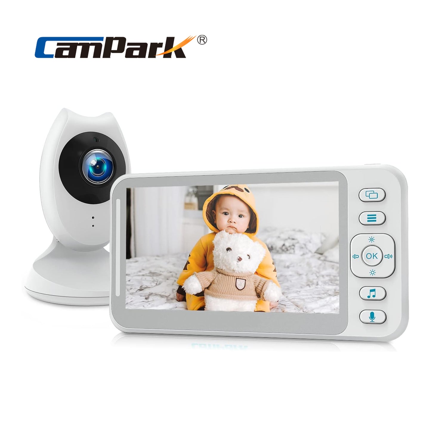 جهاز مراقبة الأطفال Campark BM40 مزود بكاميرا وصوت، شاشة 4.3 بوصة مع رؤية ليلية، بدون واي فاي، محادثة ثنائية الاتجاه، VOX، شاشة عرض درجة الحرارة، 8 تهويدات، مثالي للأمهات الجدد