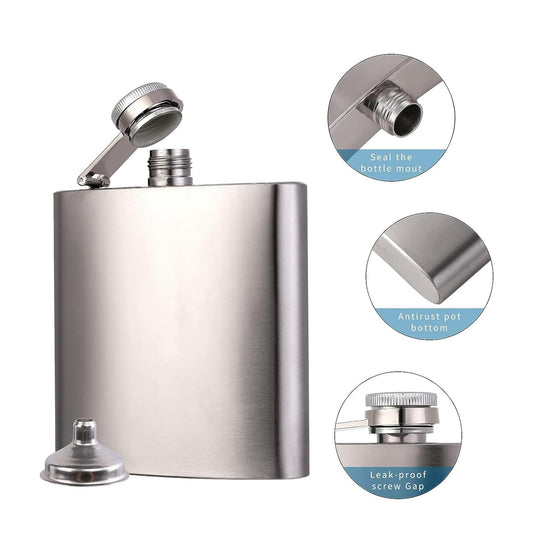 Hip Flask for Liquor silvery 6oz Stainless Steel Leakproof with 1 pcs Funnel for Gift, Camping, Wedding Party, Groomsmen gifts