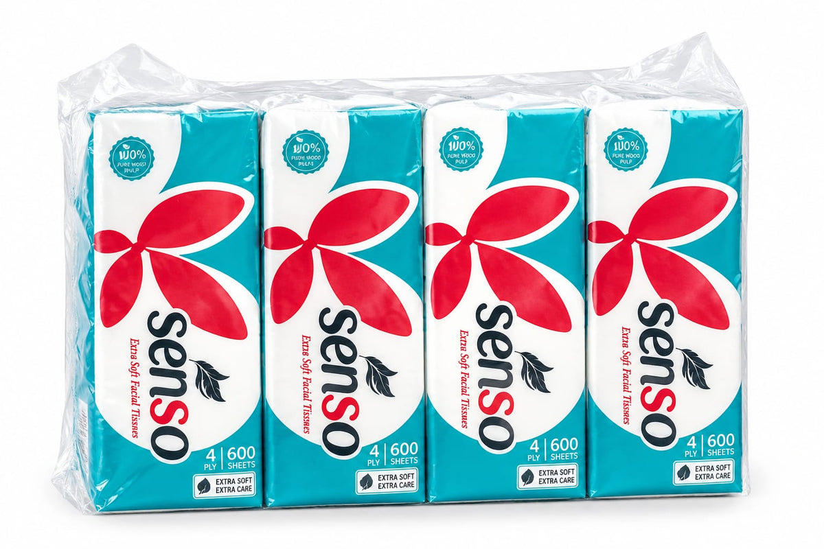 Senso Extra Soft Facial Tissues – 4 Ply, 600 Sheets per Pack, Pack of 4, Premium Soft and Absorbent Facial Tissue Paper for Home, Office, Travel & Everyday Use