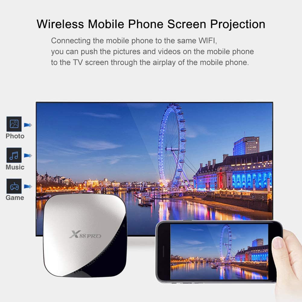 صندوق تلفزيون X88 PRO بذاكرة وصول عشوائي 2 جيجابايت وذاكرة قراءة فقط 16 جيجابايت ومعالج RK3318 رباعي النواة 64 بت ونظام تشغيل أندرويد 9.0 ومعالج Cortex-A53 ثنائي واي فاي بتردد 2.4 جيجاهرتز/5 جيجاهرتز ومشغل وسائط فيديو ثلاثي الأبعاد بدقة 4K