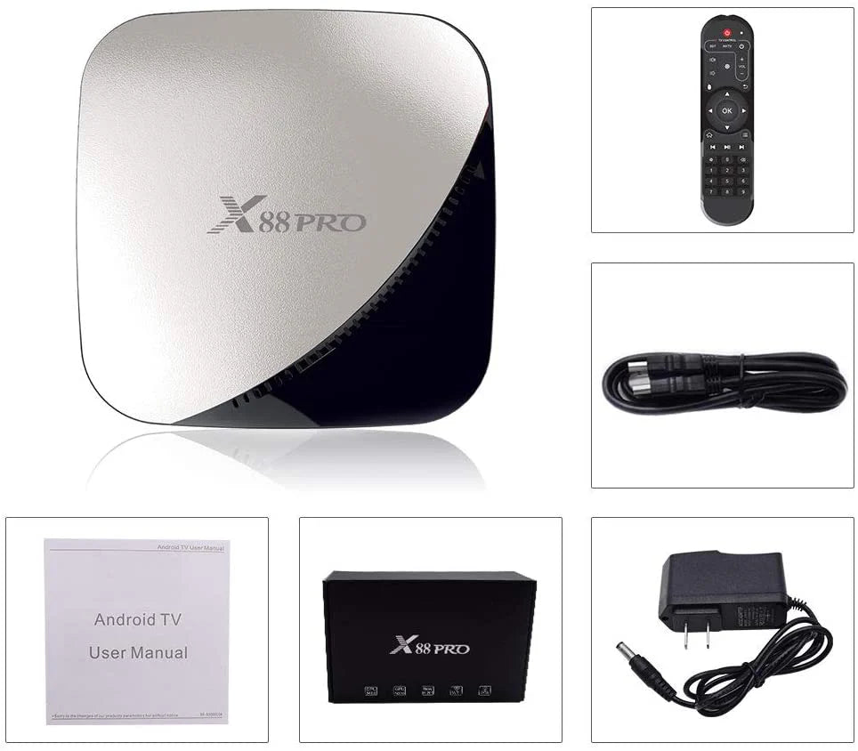 صندوق تلفزيون X88 PRO بذاكرة وصول عشوائي 2 جيجابايت وذاكرة قراءة فقط 16 جيجابايت ومعالج RK3318 رباعي النواة 64 بت ونظام تشغيل أندرويد 9.0 ومعالج Cortex-A53 ثنائي واي فاي بتردد 2.4 جيجاهرتز/5 جيجاهرتز ومشغل وسائط فيديو ثلاثي الأبعاد بدقة 4K