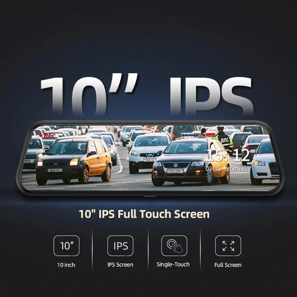 Like A New VanTop H609 Dash Camera 1080P Mirror Dual Dash Cam, 10" IPS Full Touch Screen, Infrared Night Vision, Motion Detection, G-Sensor Black