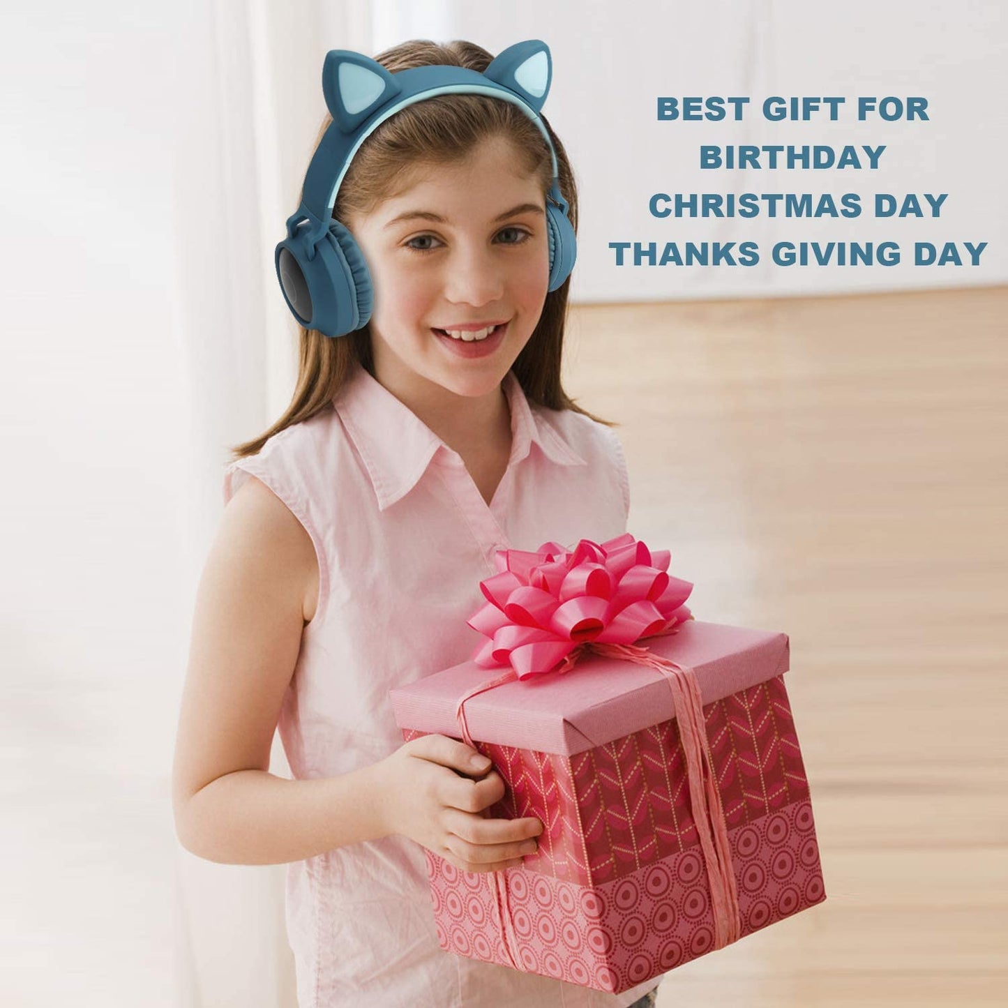 Kids Cat Ear Headphones,Wireless Bluetooth Headphones with Flashing Led Light, SD Card Slot, FM,3.5 mm Audio Jack Wired Kids On Ear Headphones for Boys Girls Adults(Dark Blue)