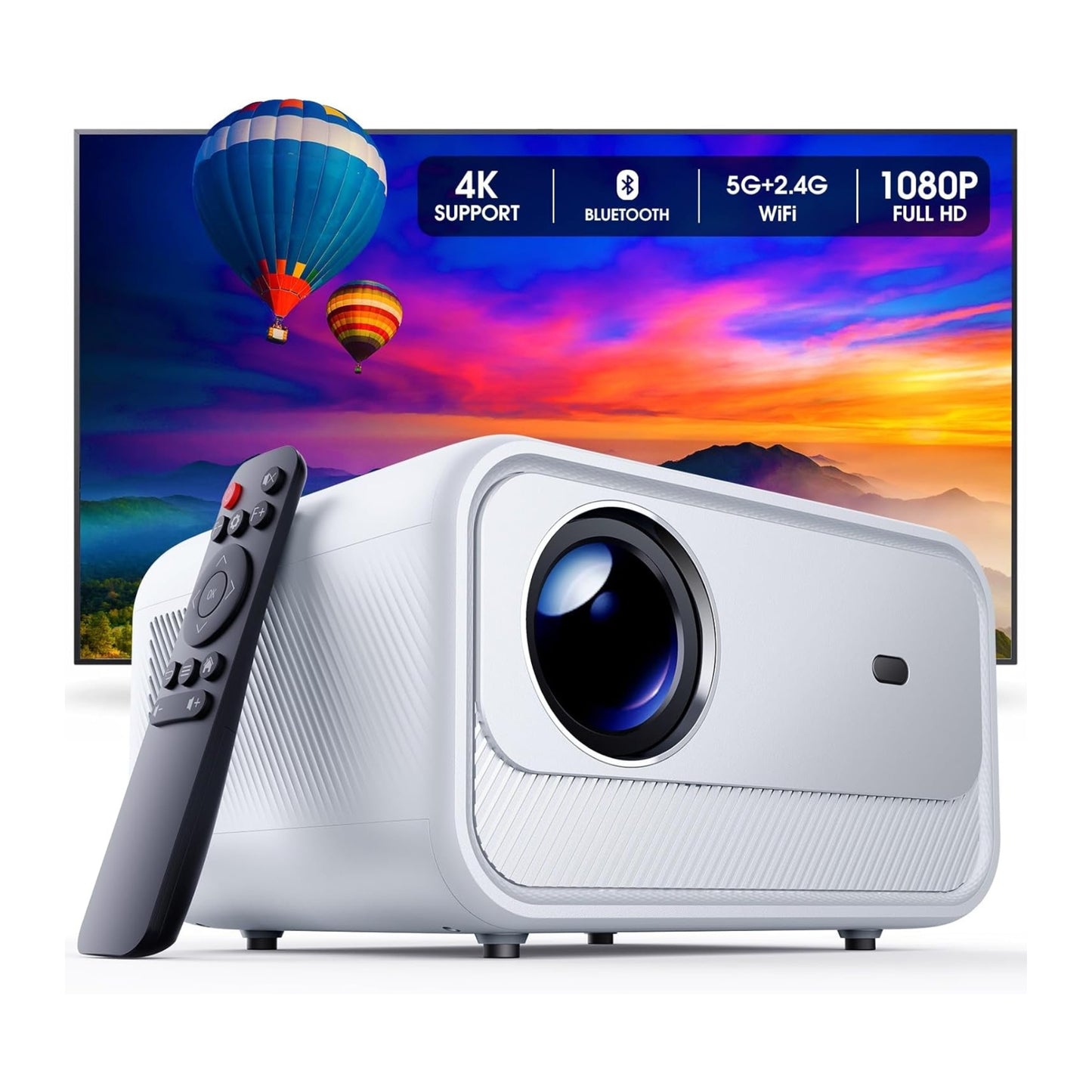 CY900 Smart Projector, Full HD 1080P, 4K Supported, Android 9, Electronic Focus, Auto Keystone, 300 ANSI Lumens, Dual WiFi, HDR Audio, Bluetooth, 58W Speaker, HDMI, USB, AV Port (White)