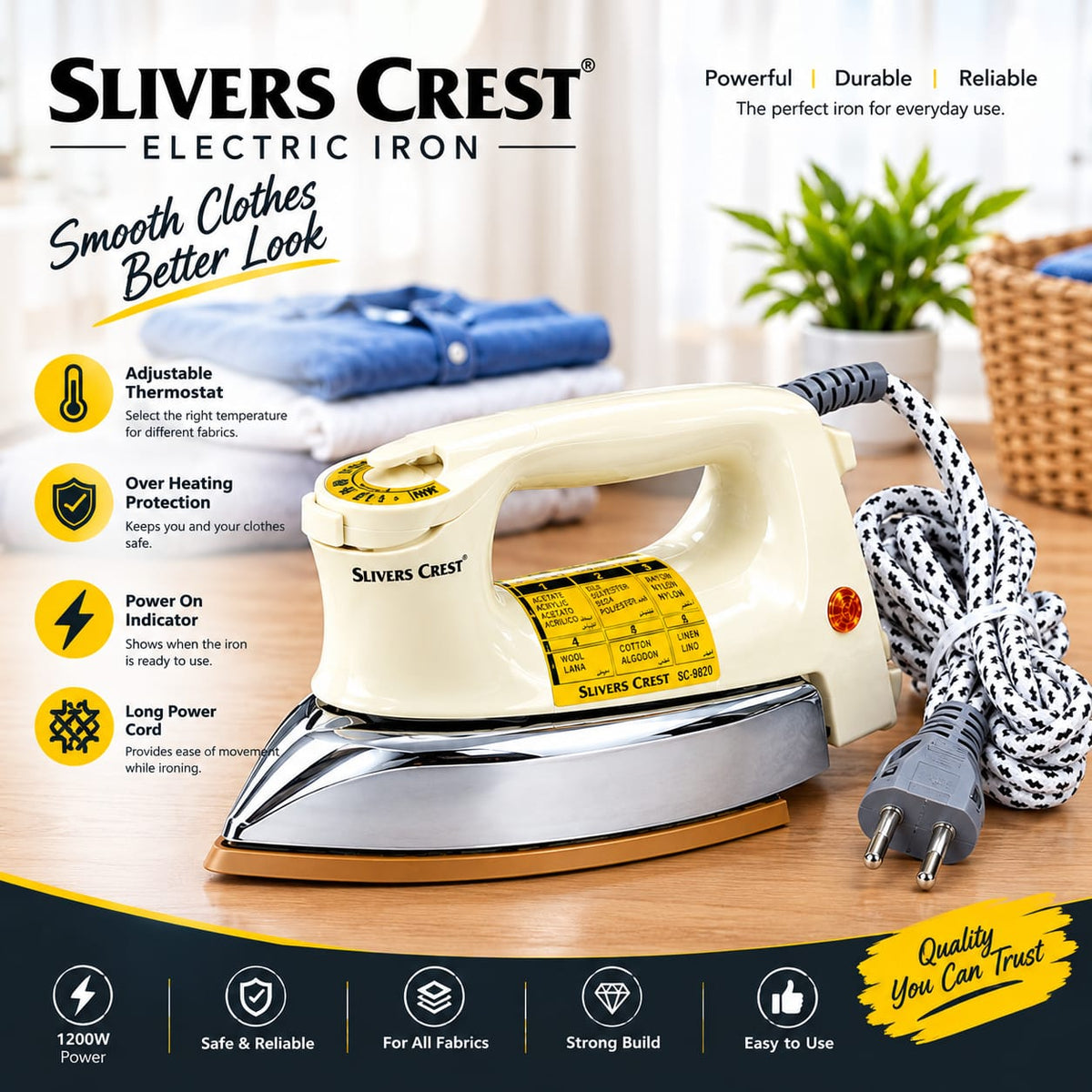 Slivers Criest Electric Dry Iron SC-9820 – 1200W Heavy Weight Iron with Non-Stick Ceramic Soleplate, Fast Heating, Adjustable Temperature Control, Dry Iron for Clothes – 2.0kg