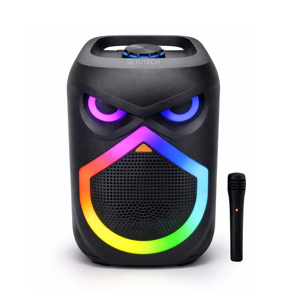 Portable DJ Bluetooth RGB Speaker with Wireless Microphone, Rechargeable, 20 Meter Mic Range, Voice Changer Deep Bass, Karaoke Speaker with Bluetooth 5.0 | Maximum Power: 500W | Karaoke Machine | Voice-Controlled LED Lights | Includes Phone Holder |