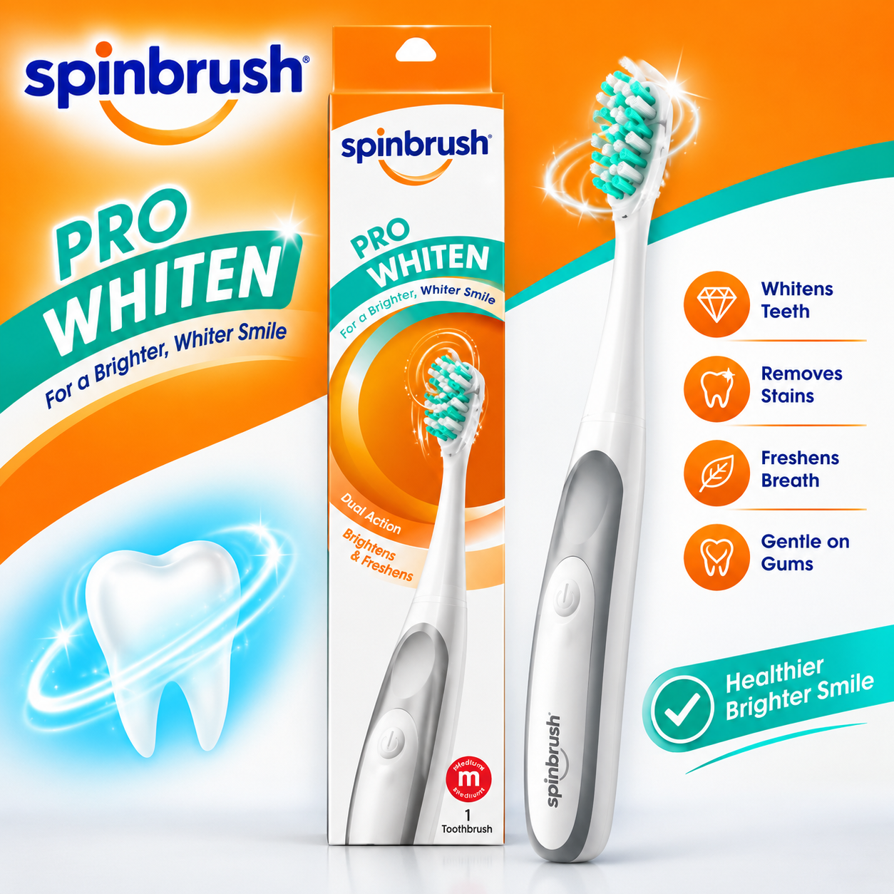 Spinbrush™ Pro Whiten Battery-Powered Toothbrush for Adults – Advanced Rotating Whitening Cup, Soft Bristles for Gentle Cleaning, Helps Remove Surface Stains, Promotes a Brighter Smile, Durable Oral Care Design